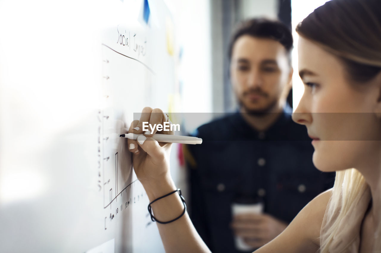 Businesswoman writing on whiteboard while male colleague standing in background