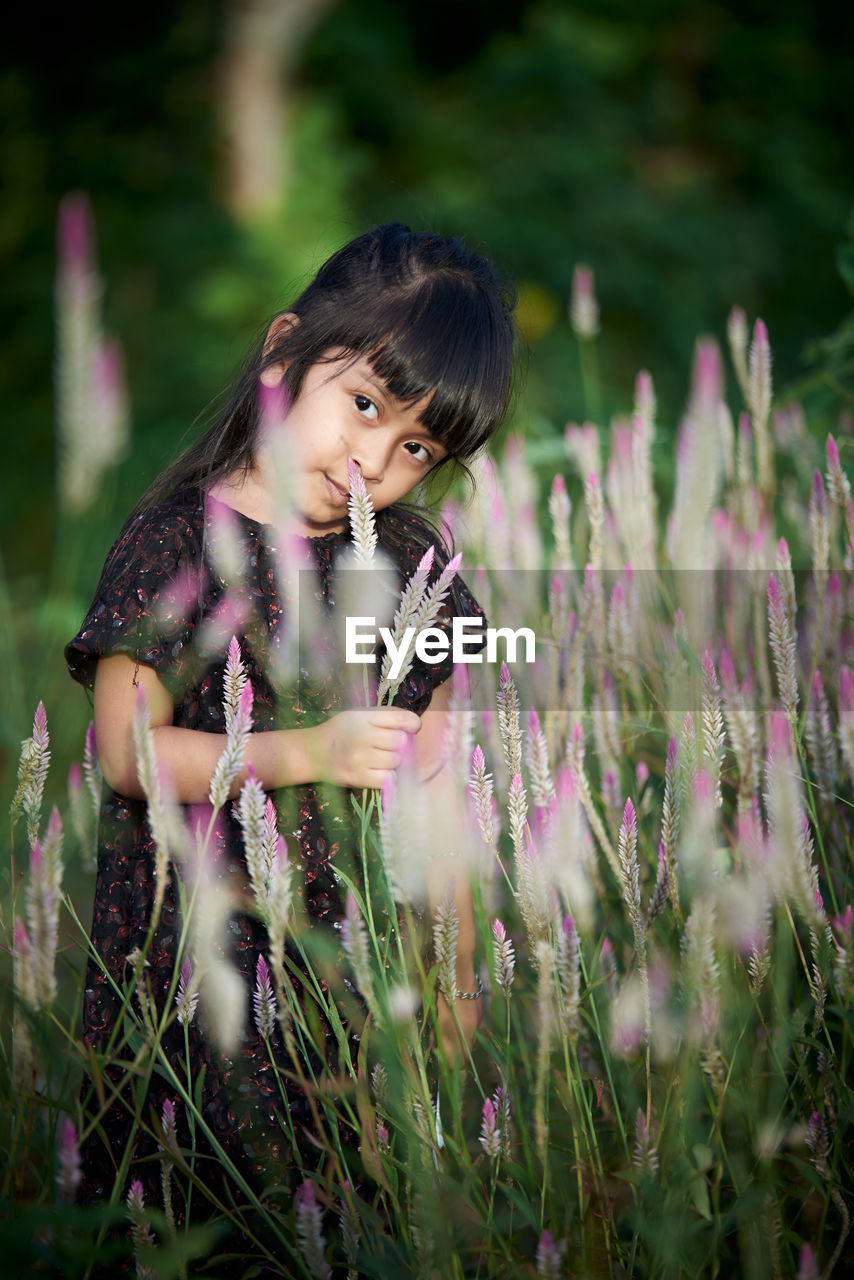 Close-up of woman on purple flowering plants on field