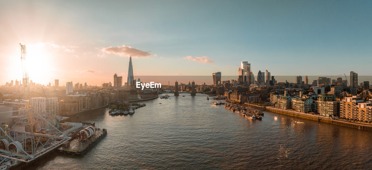 Aerial view of the london tower bridge at sunset.