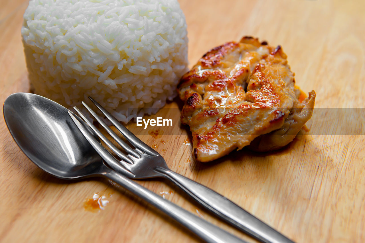 HIGH ANGLE VIEW OF MEAT ON PLATE