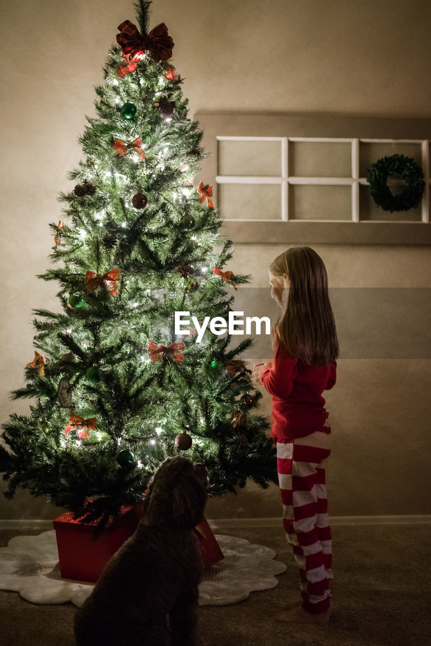 Girl and dog looking at christmas tree