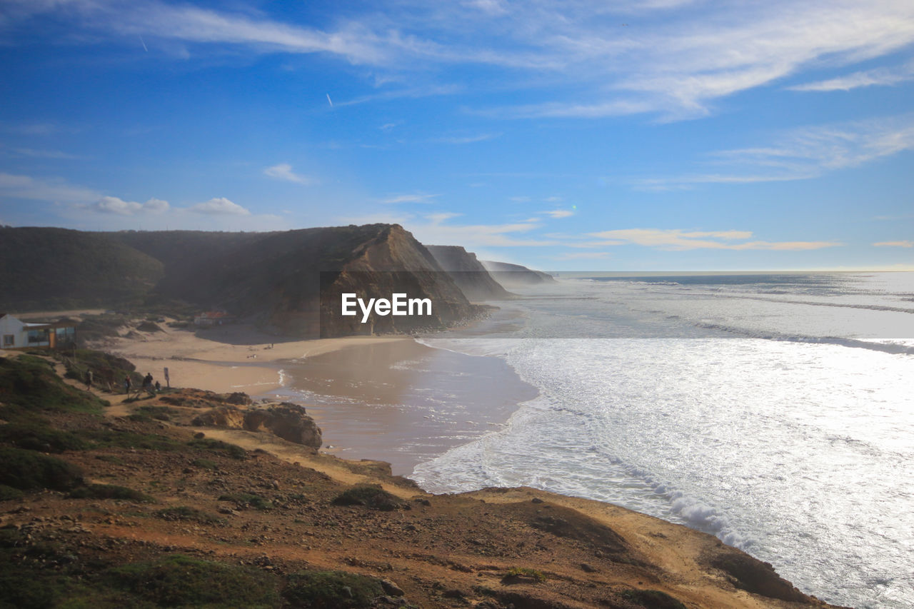 Scenic view of sea and mountains against sky