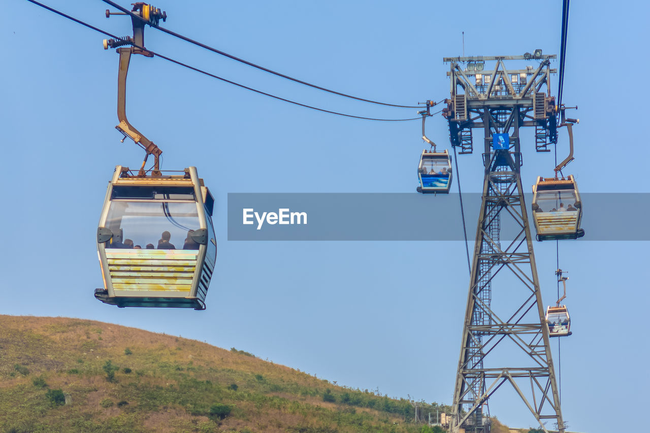 Low angle view of overhead cable cars against clear sky