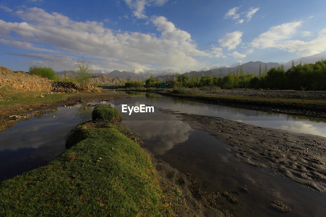 Scenic view of lake against cloudy sky