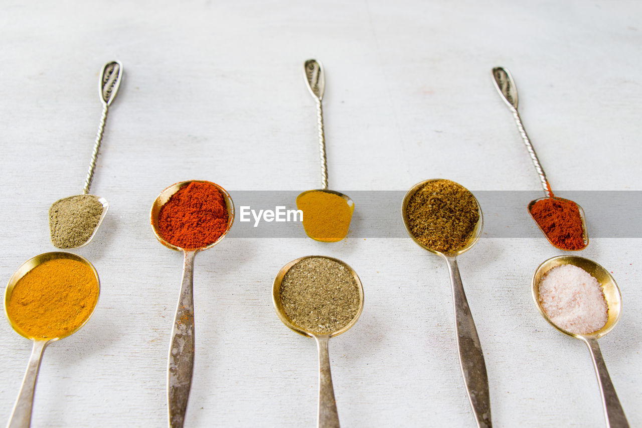 Variation of spices on the vintage silver spoons, all spices on the table, colorful food background