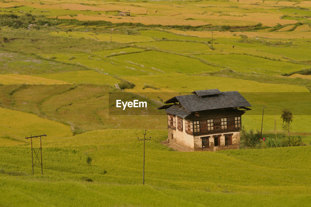 A typical bhutanese house on a firmland at punakha. arindam mukherjee..