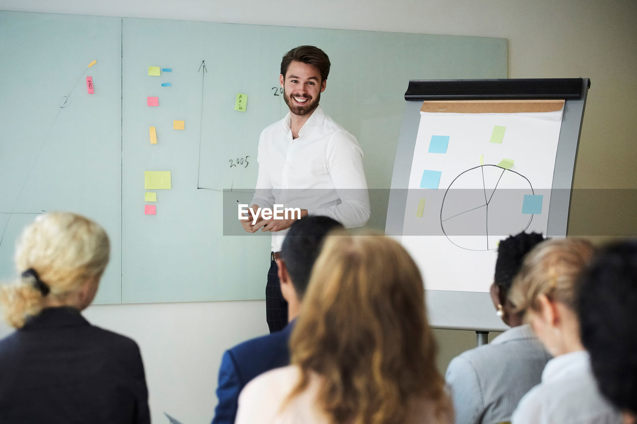 Smiling entrepreneur giving presentation to male and female coworkers in office seminar