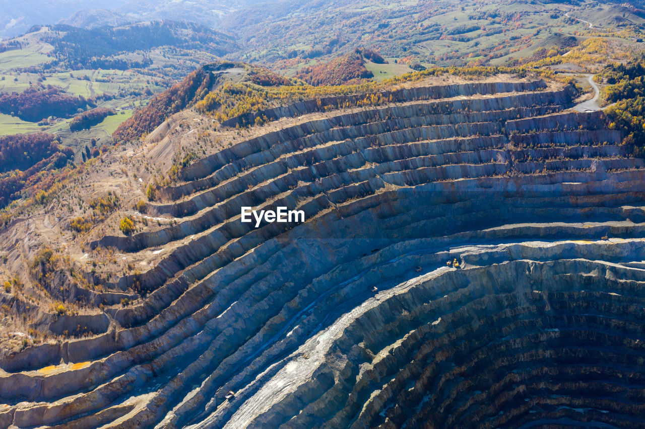 Aerial drone view of rosia poieni open pit copper mine, romania