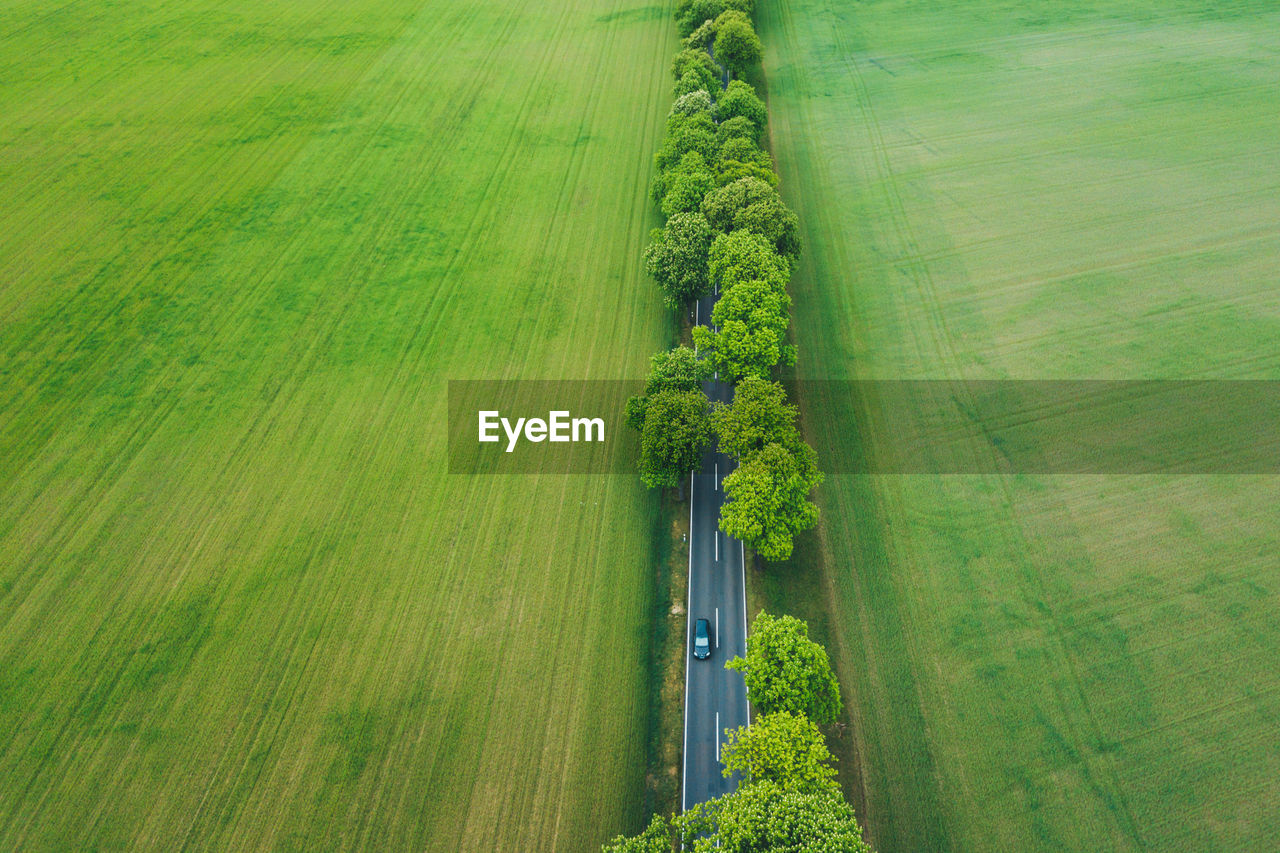 High angle view of an electric vehicle traveling through a green landscape