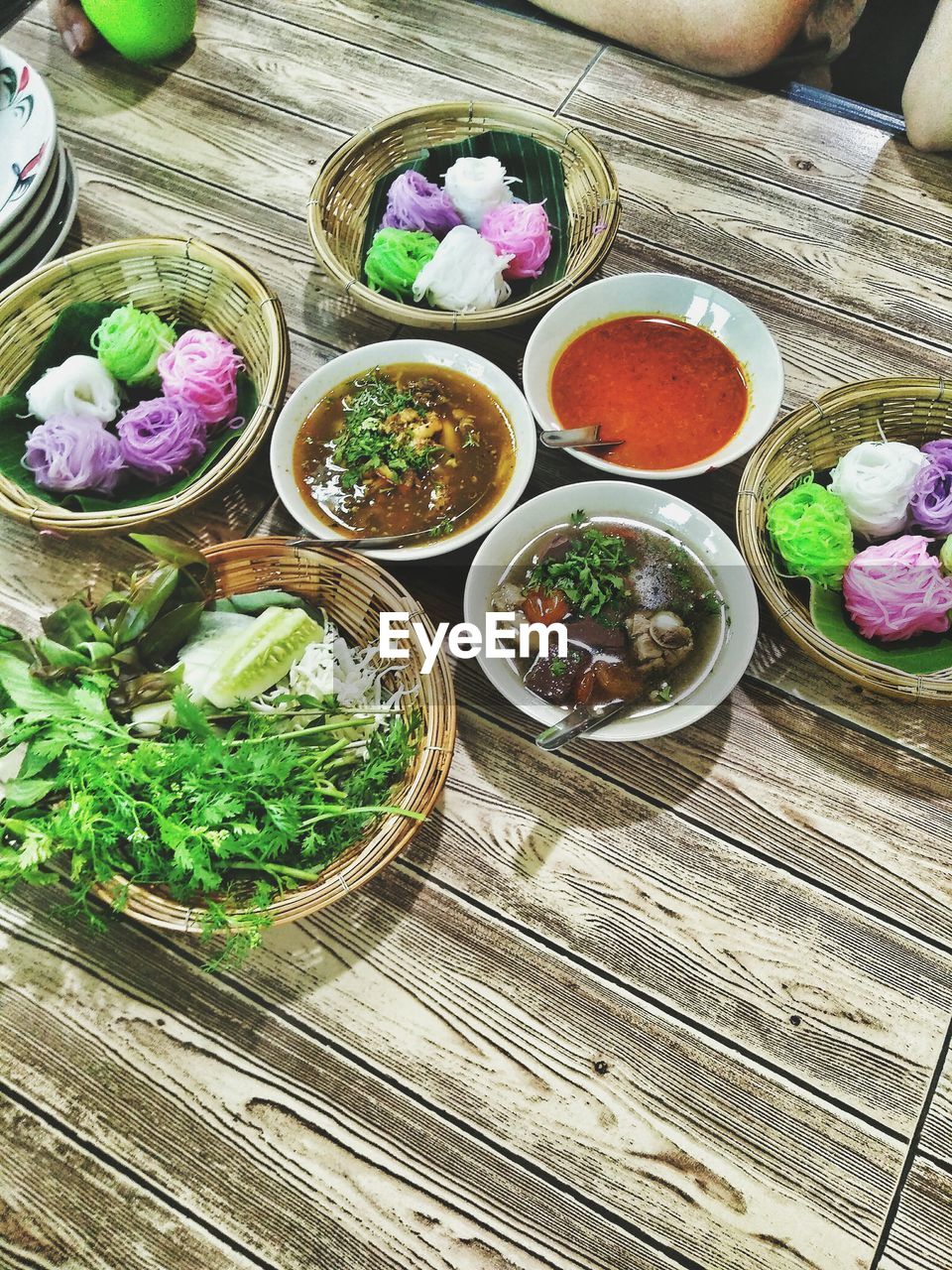 High angle view of various food on table