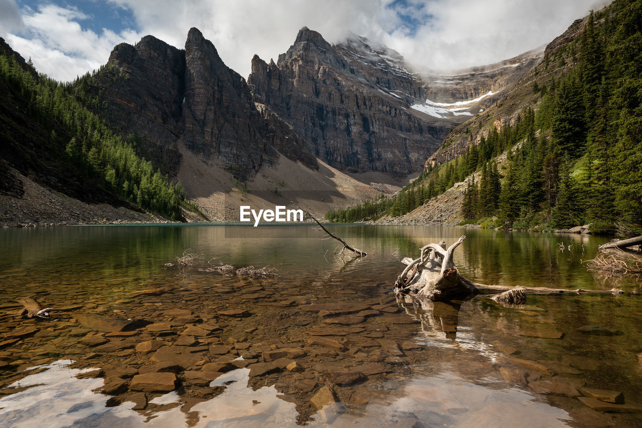 Scenic view of lake and mountains against sky