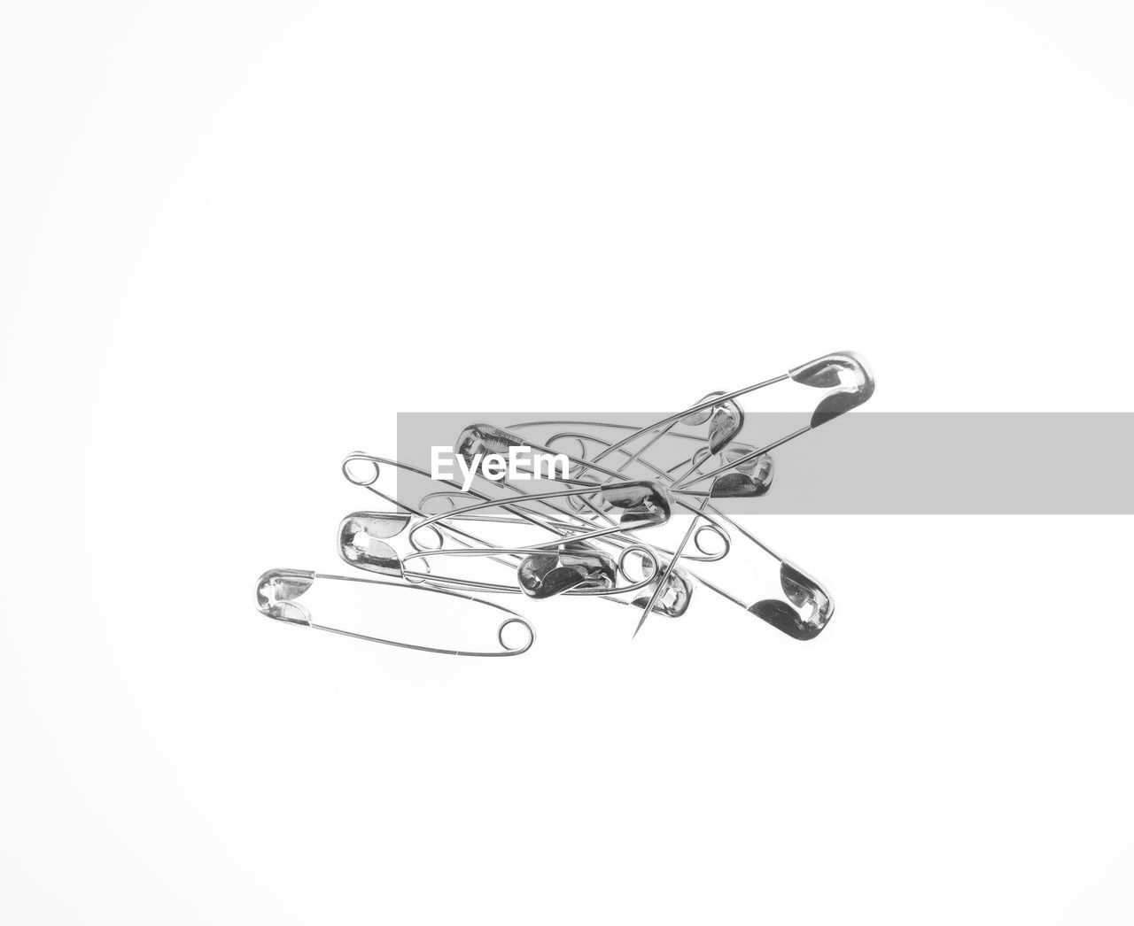 Directly above shot of safety pins on white background