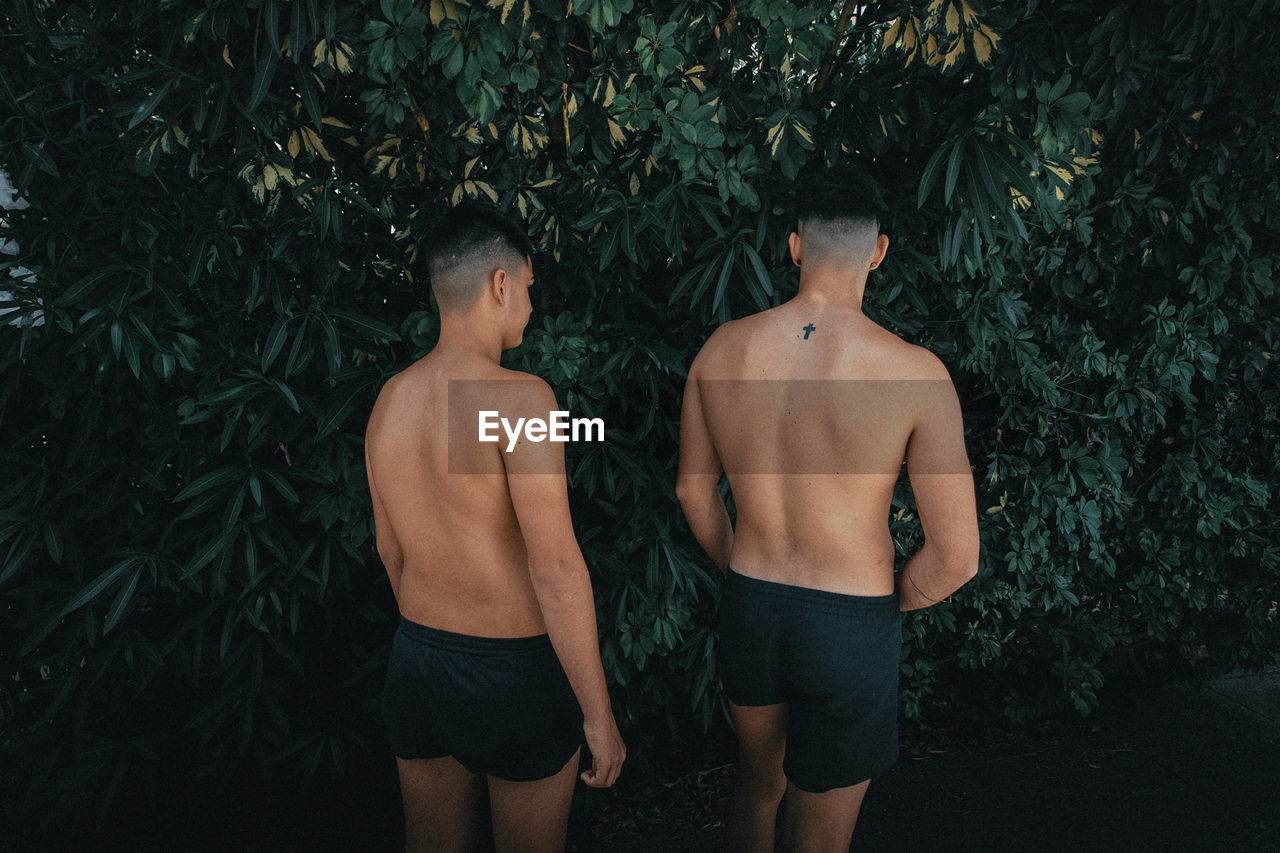 Rear view of shirtless men standing against trees