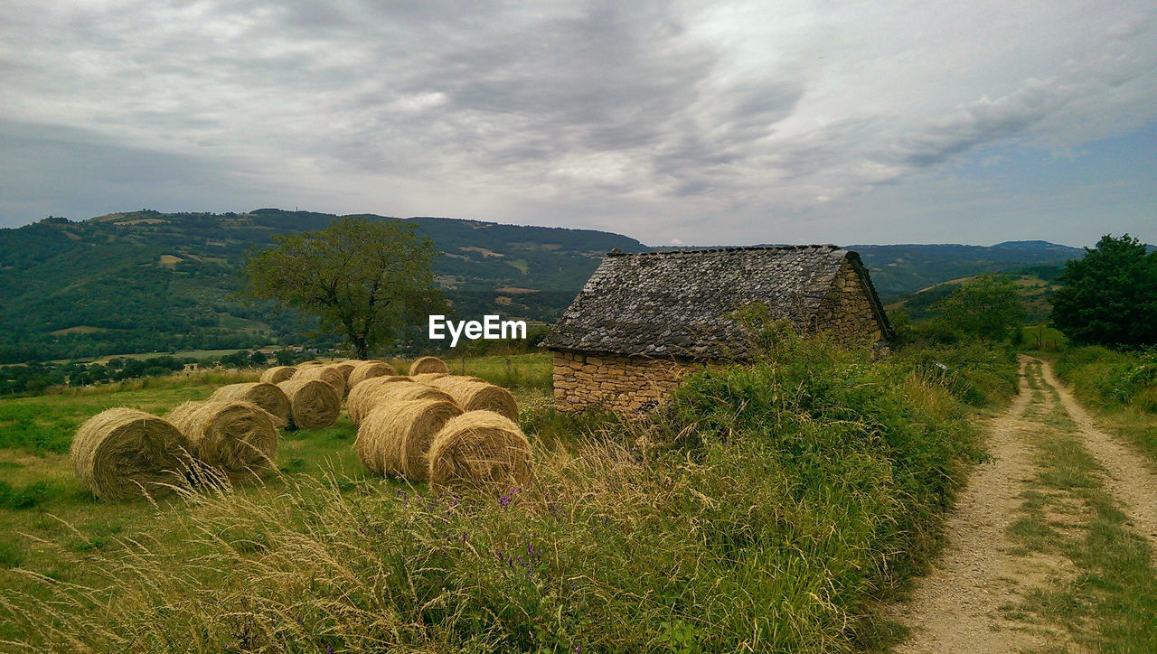 HAY BALES ON FIELD BY MOUNTAIN AGAINST SKY