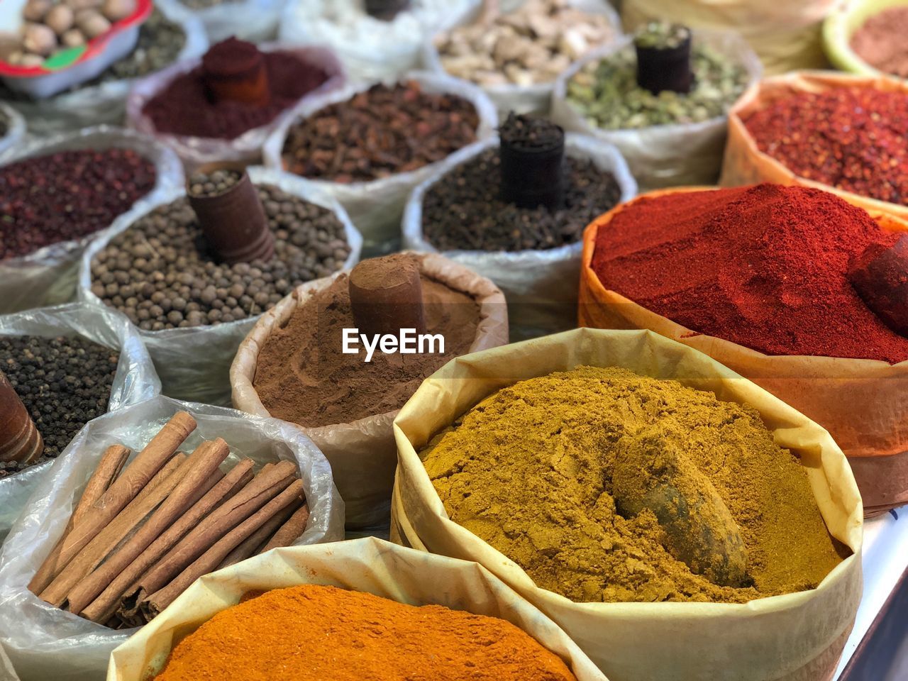 Variety of spices for sale at market