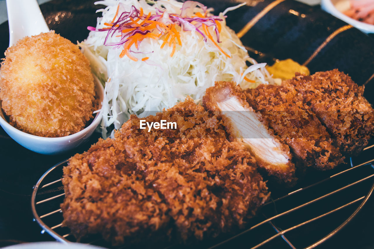 Close-up of tonkatsu in plate