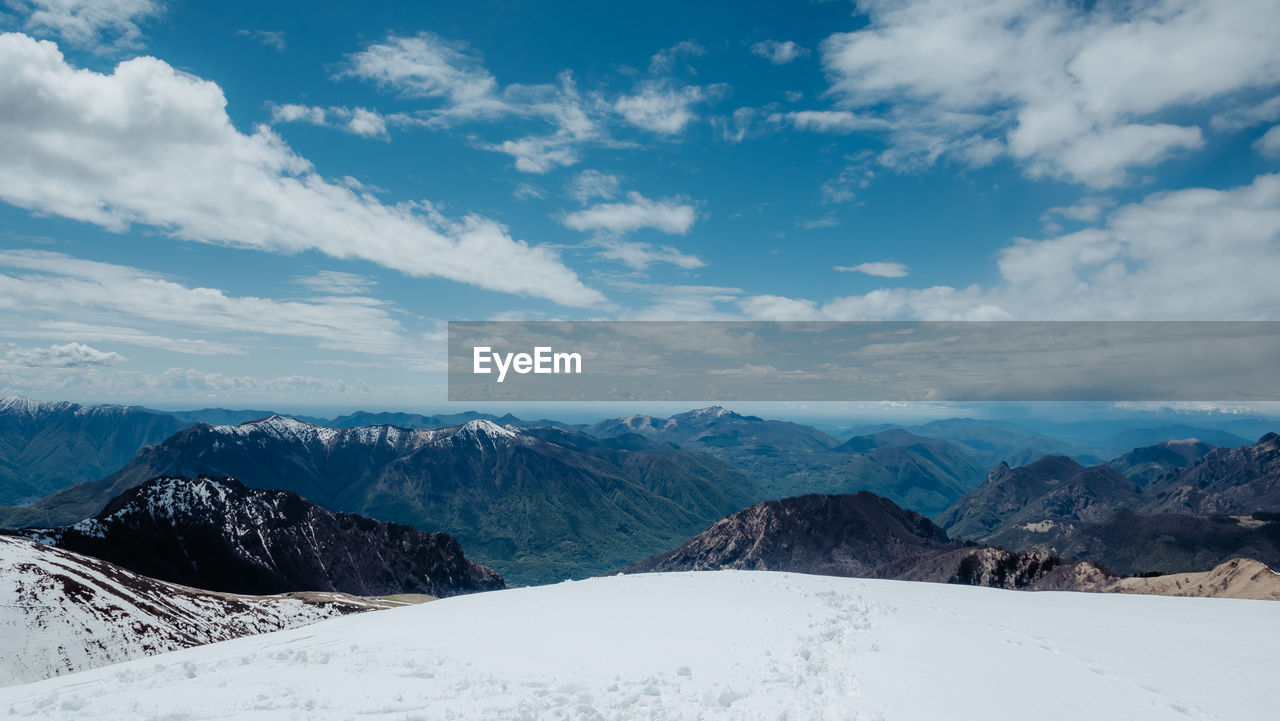 PANORAMIC SHOT OF SNOWCAPPED MOUNTAINS AGAINST SKY