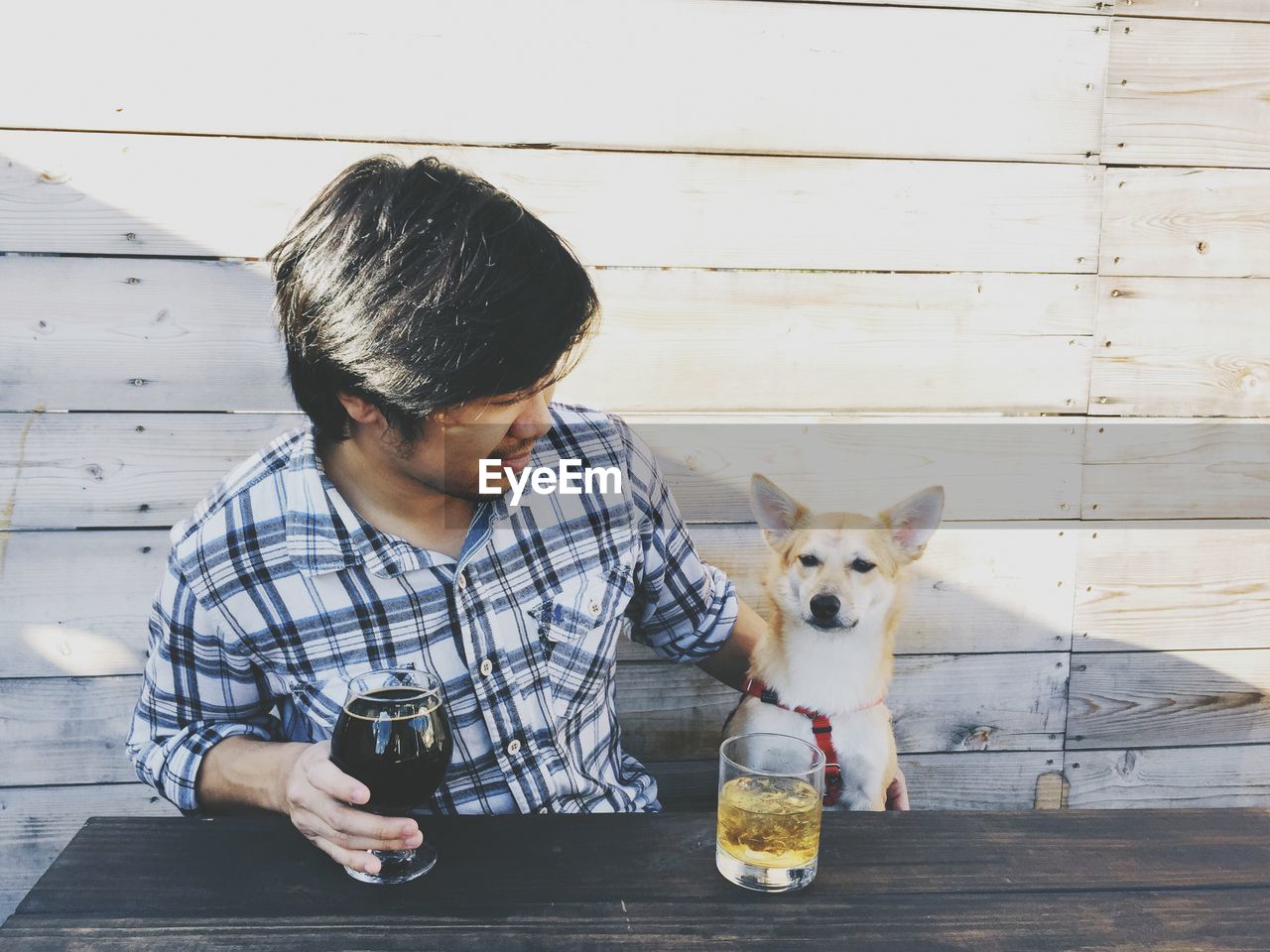 Man with dog having drinks