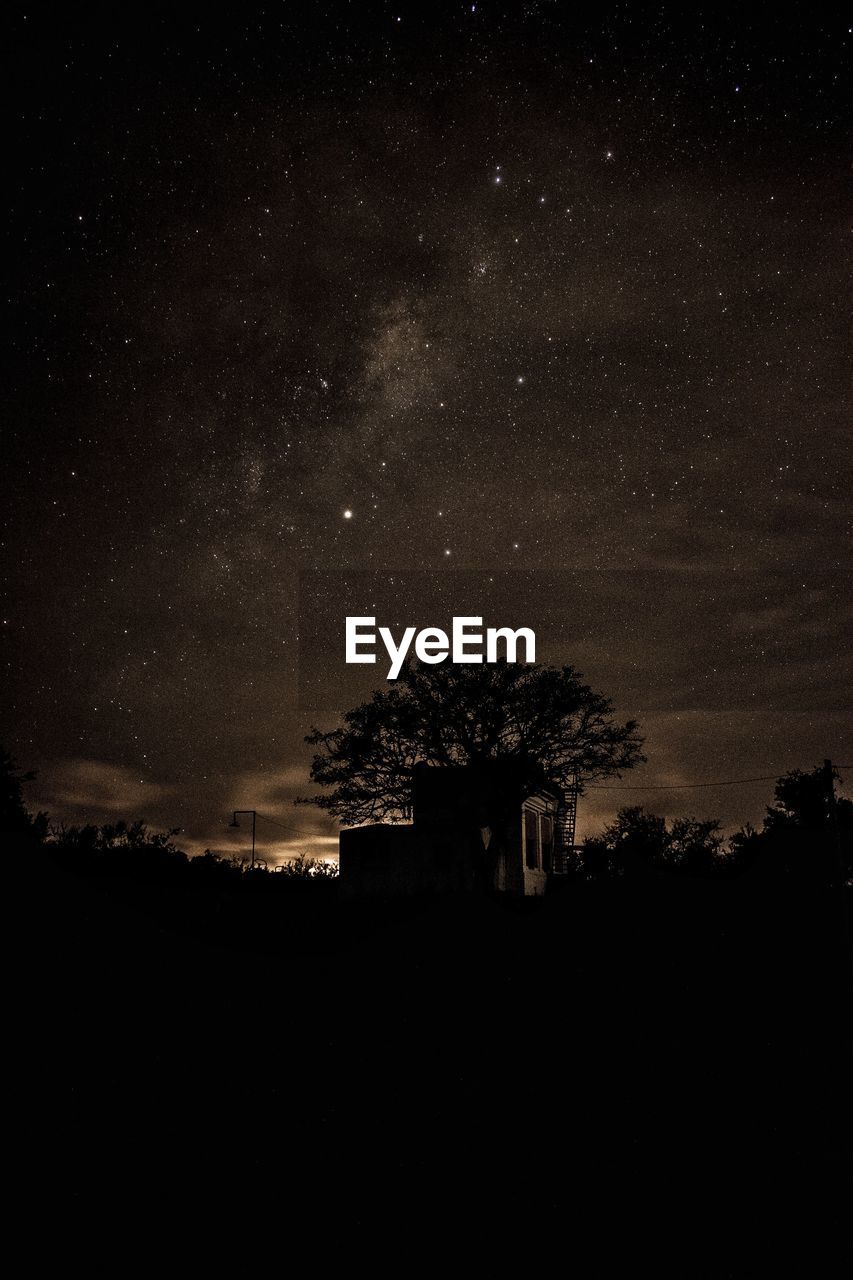 Silhouette trees and buildings against sky at night