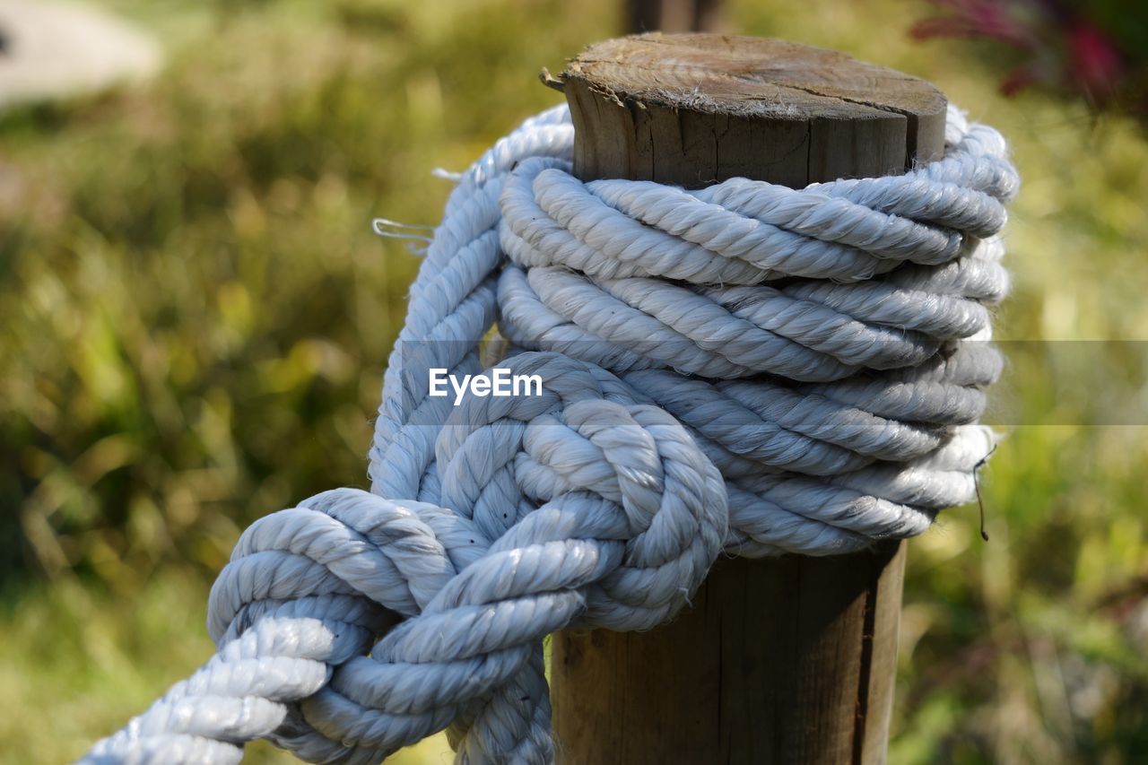 Close-up of rope tied on wooden post