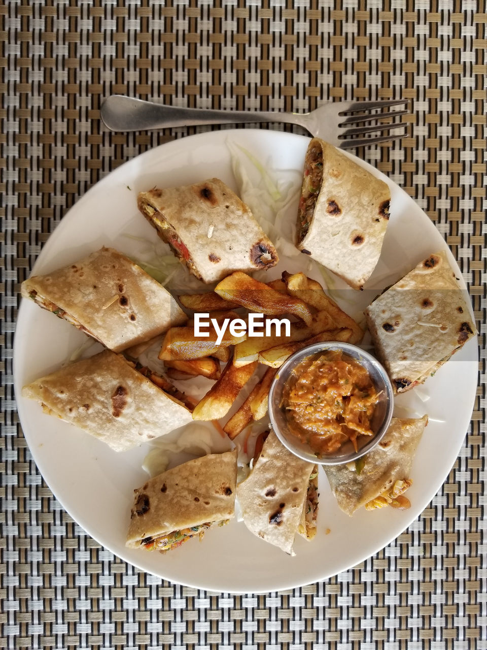 High angle view of breakfast served on table