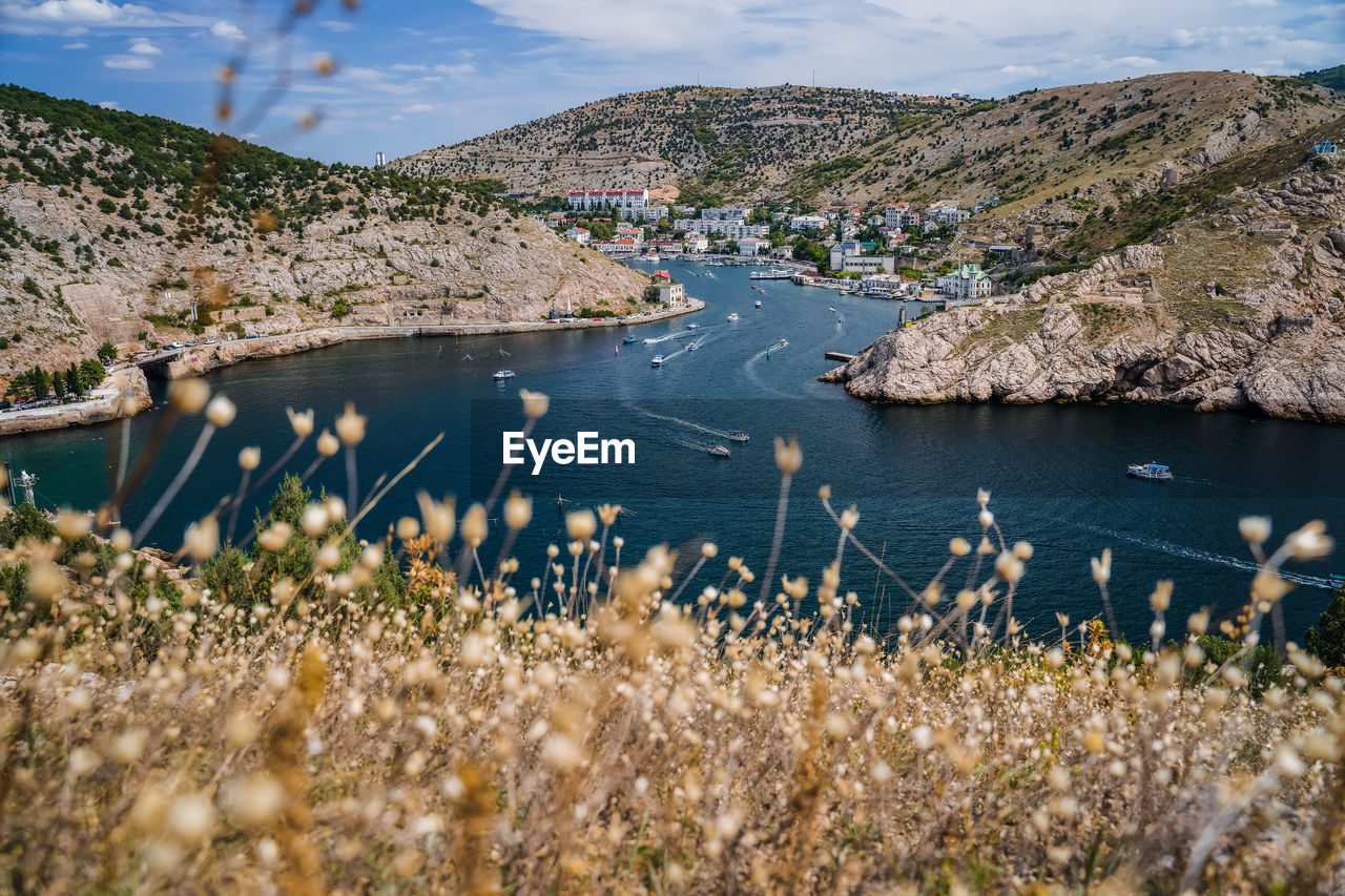 Balaklava bay from the hill. summer season, dry foliage in foreground. travel tourism concept