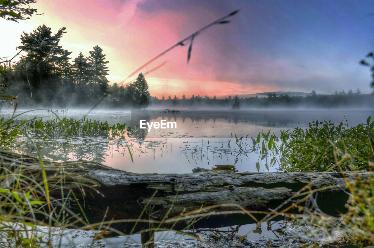 Scenic view of lake at sunset