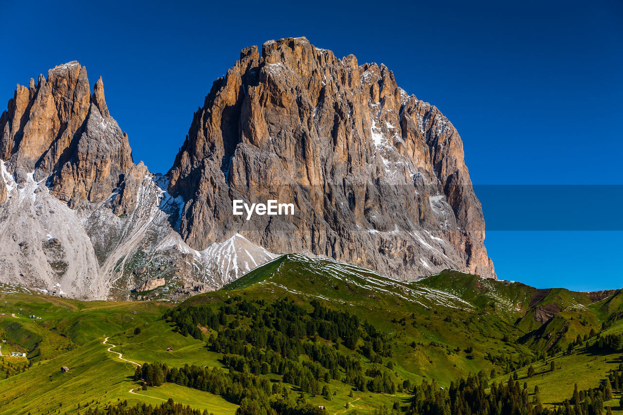 Low angle view of rocky mountain against blue sky