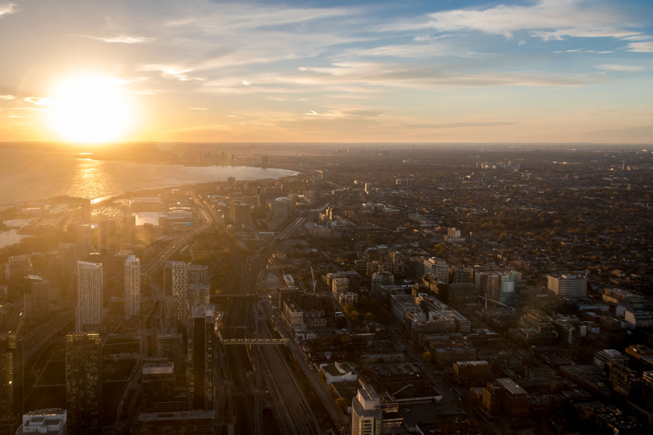 high angle view of city at sunset