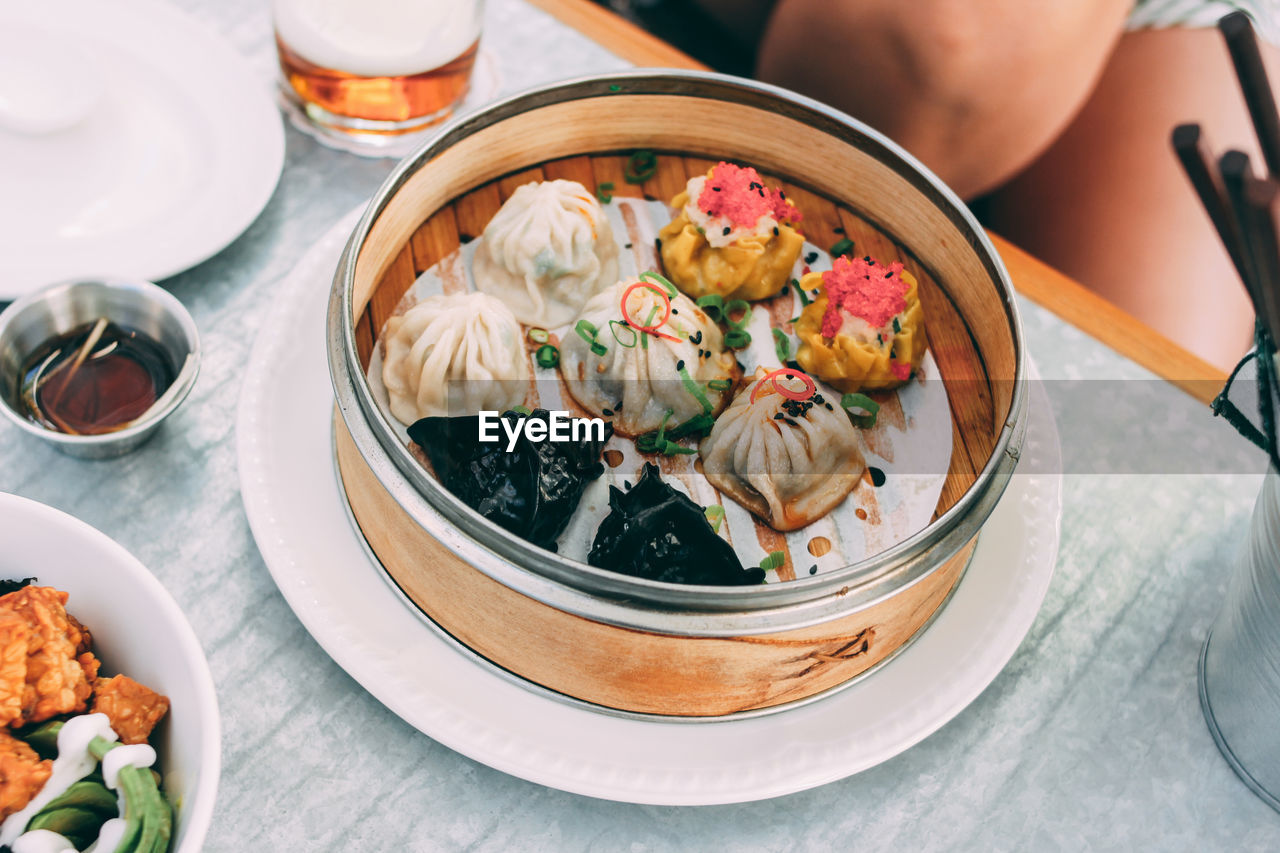 High angle view of meal served on table