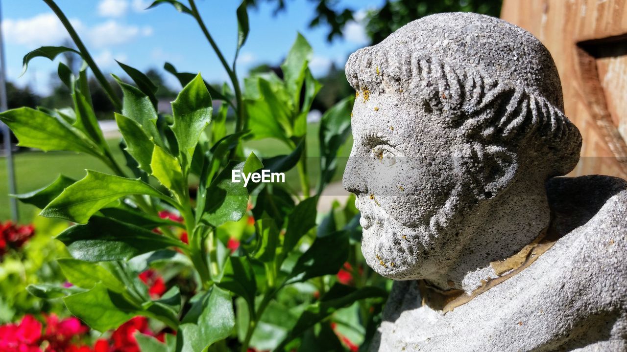 CLOSE-UP OF BUDDHA STATUE AGAINST PLANTS