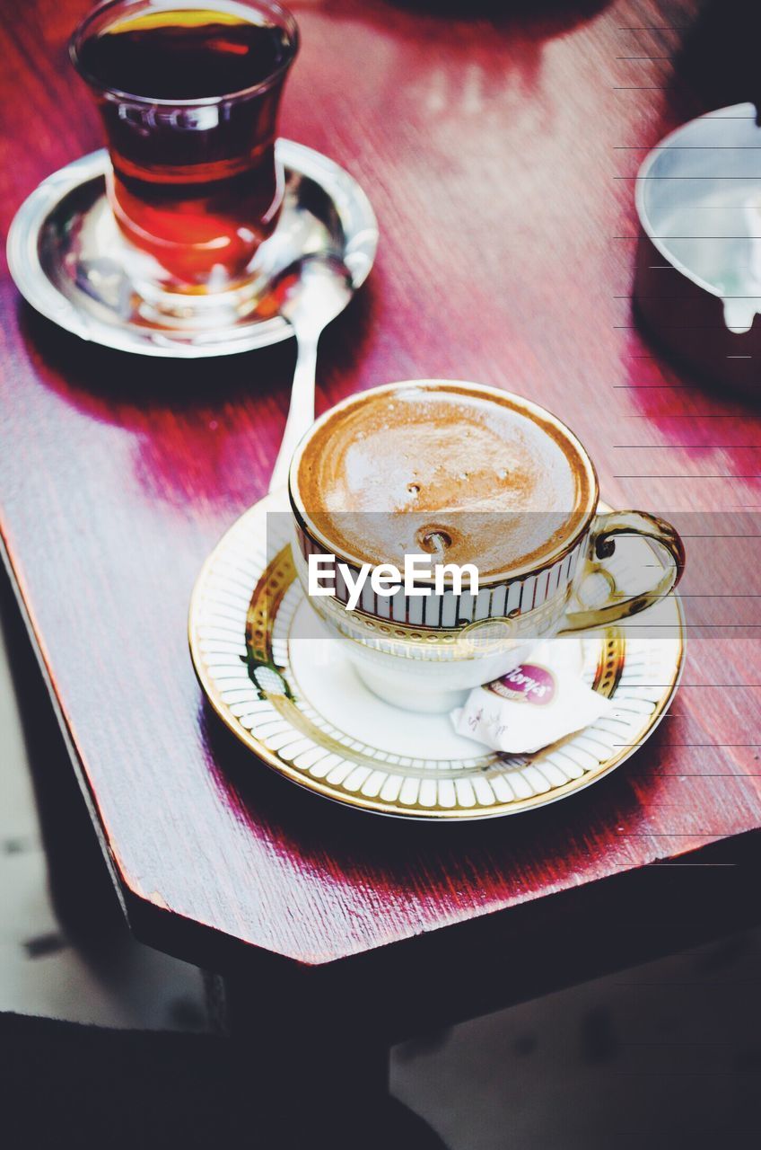 High angle view of turkish tea and coffee on table