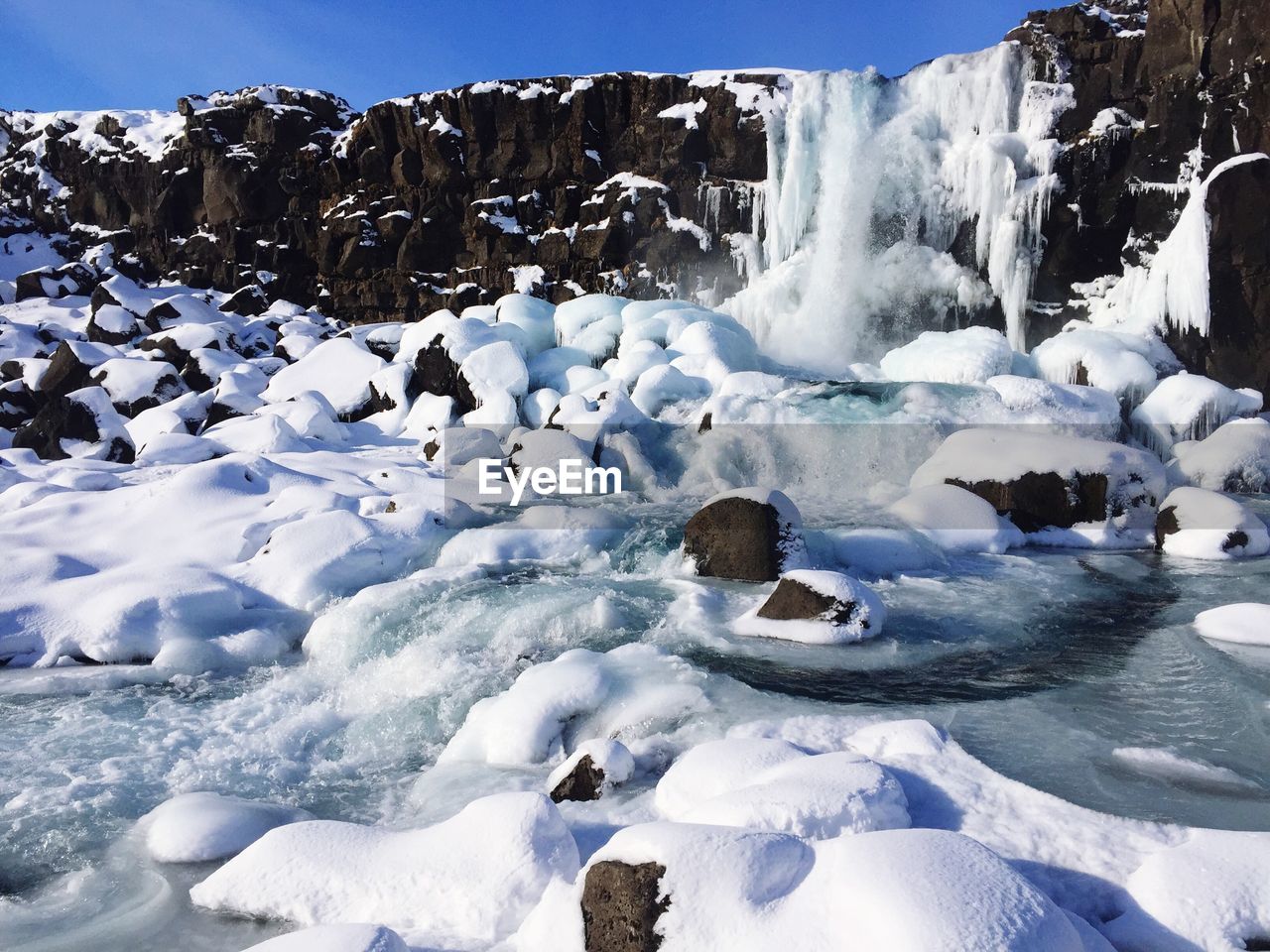 Scenic view of frozen lake against clear sky