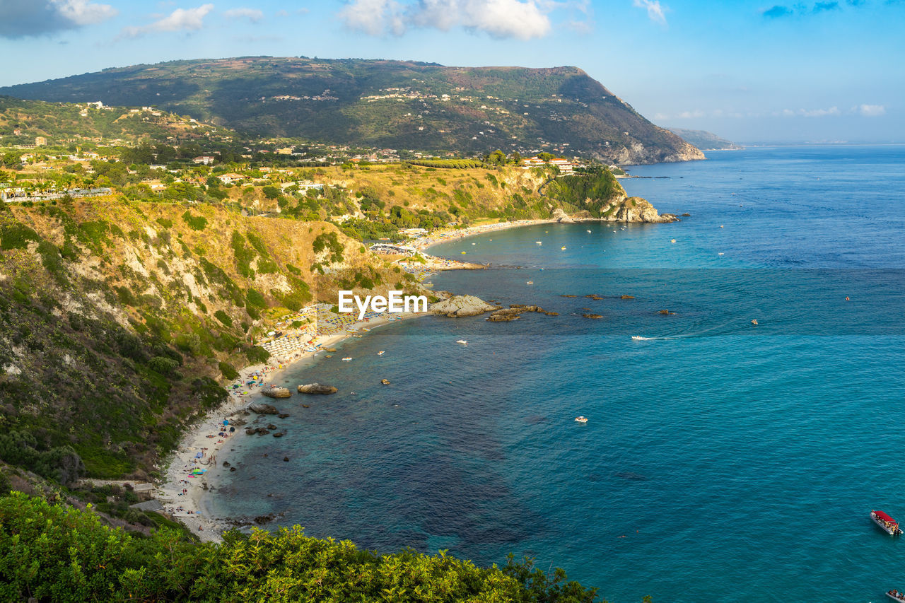 Beautiful panoramic view from capo vaticano over grotticelle beach at sunset, calabria, italy