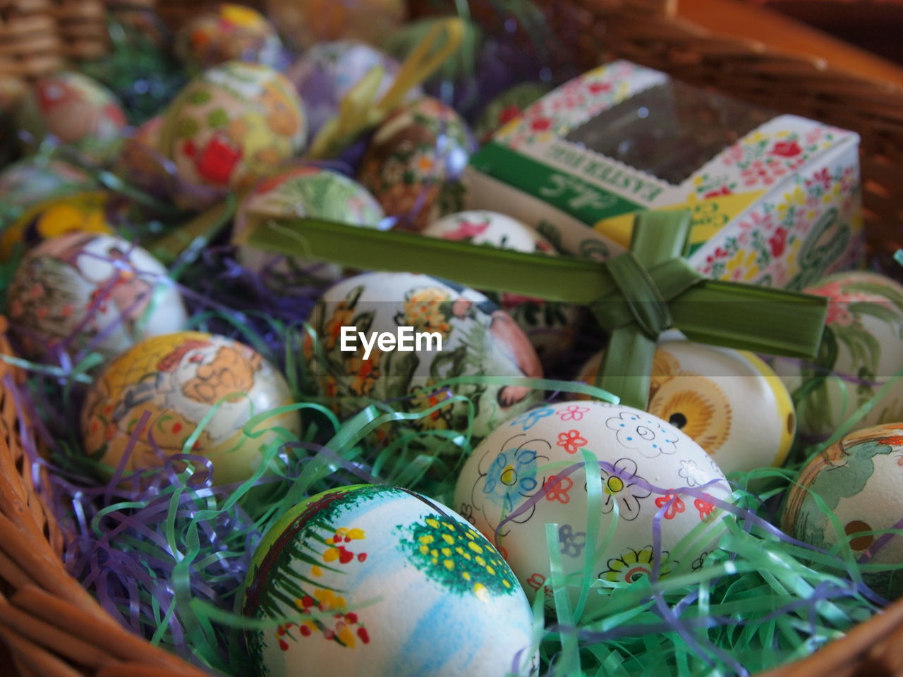 Full frame shot of easter basket with painted eggs 