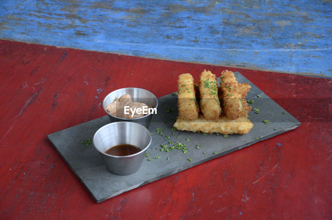 High angle view of fresh food served on table