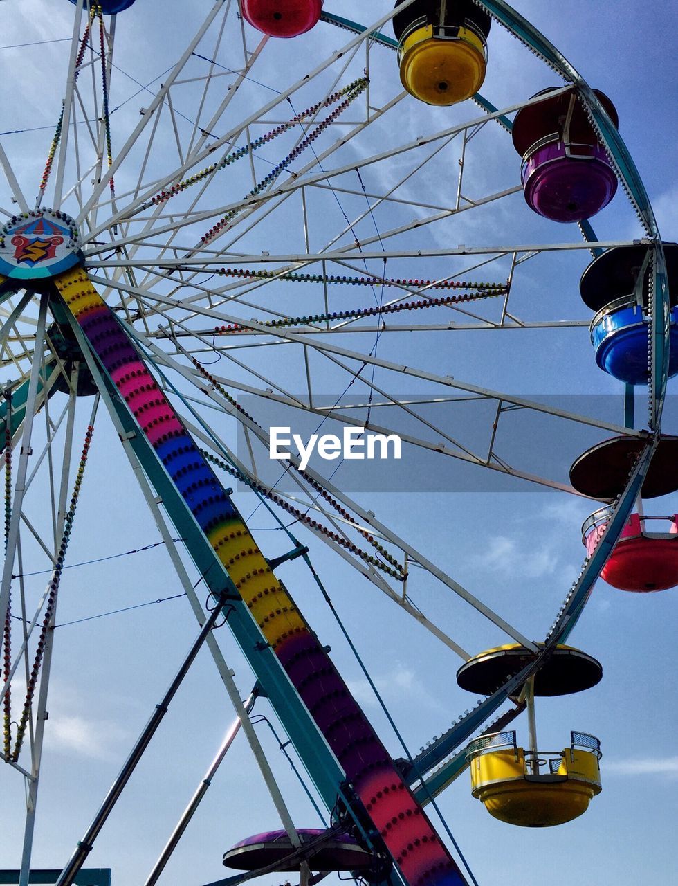 Low angle view of cropped ferris wheel against sky