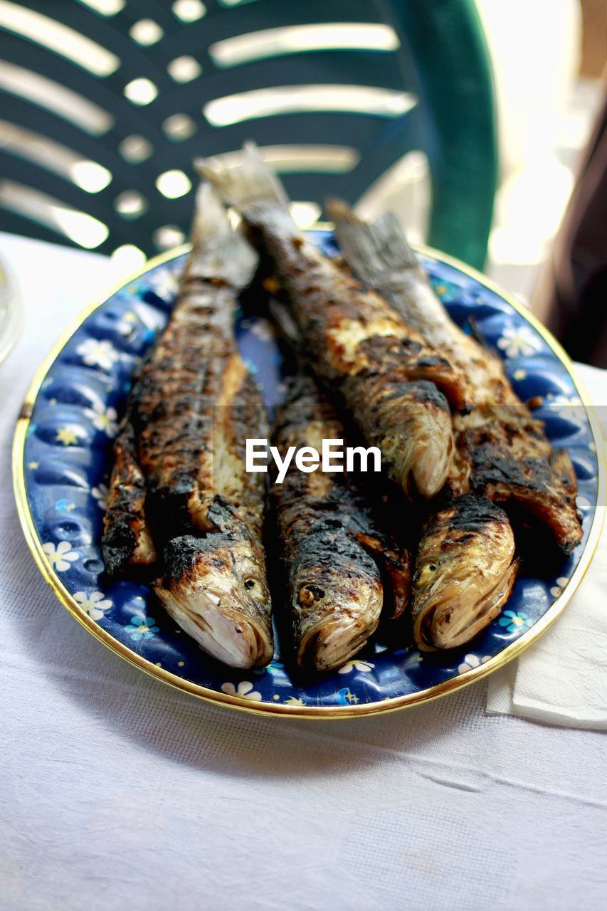 High angle view of grilled fish in plate on table