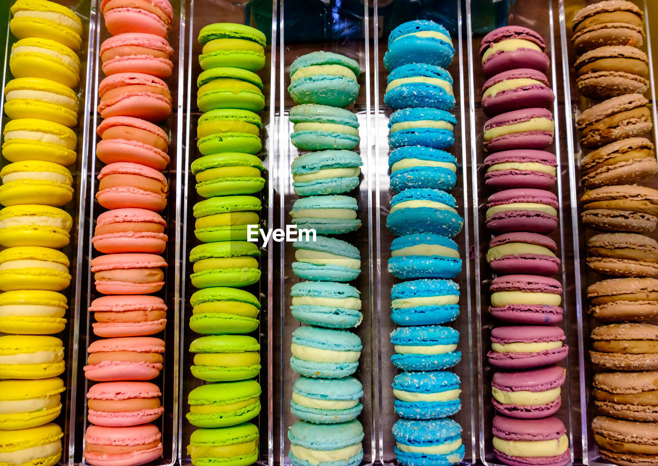 Full frame shot of colorful macaroons in store for sale