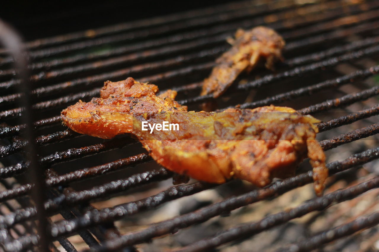 CLOSE-UP OF MEAT ON BARBECUE