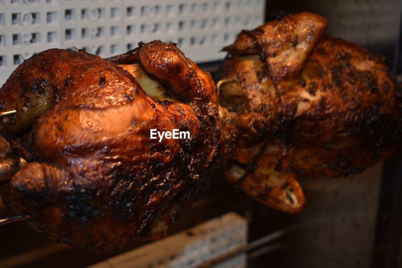 HIGH ANGLE VIEW OF ROASTED MEAT ON BARBECUE