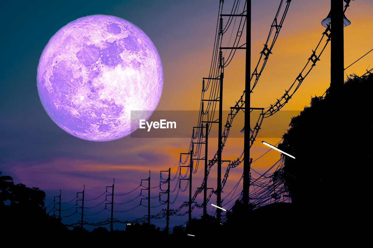 sky, silhouette, moon, night, astronomical object, nature, sunset, space, no people, cloud, technology, sphere, beauty in nature, astronomy, light, electricity, outdoors, full moon, scenics - nature, dusk, architecture, evening, cable