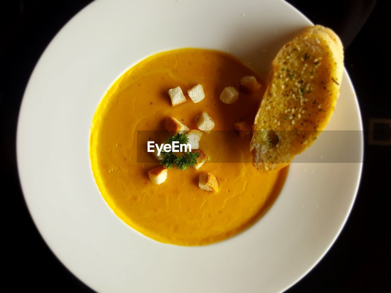 High angle view of soup in bowl