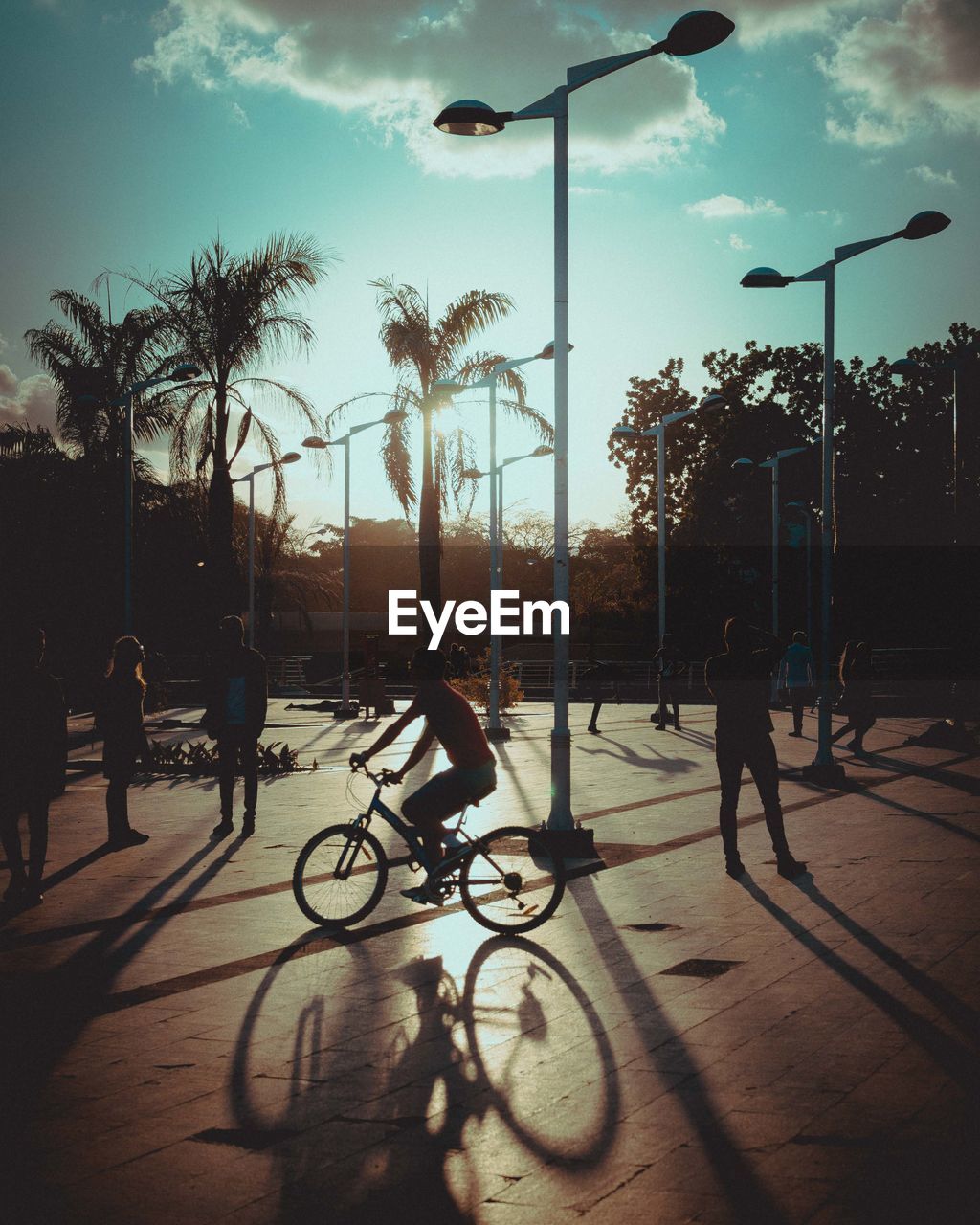 Bicycle on street against sky in city