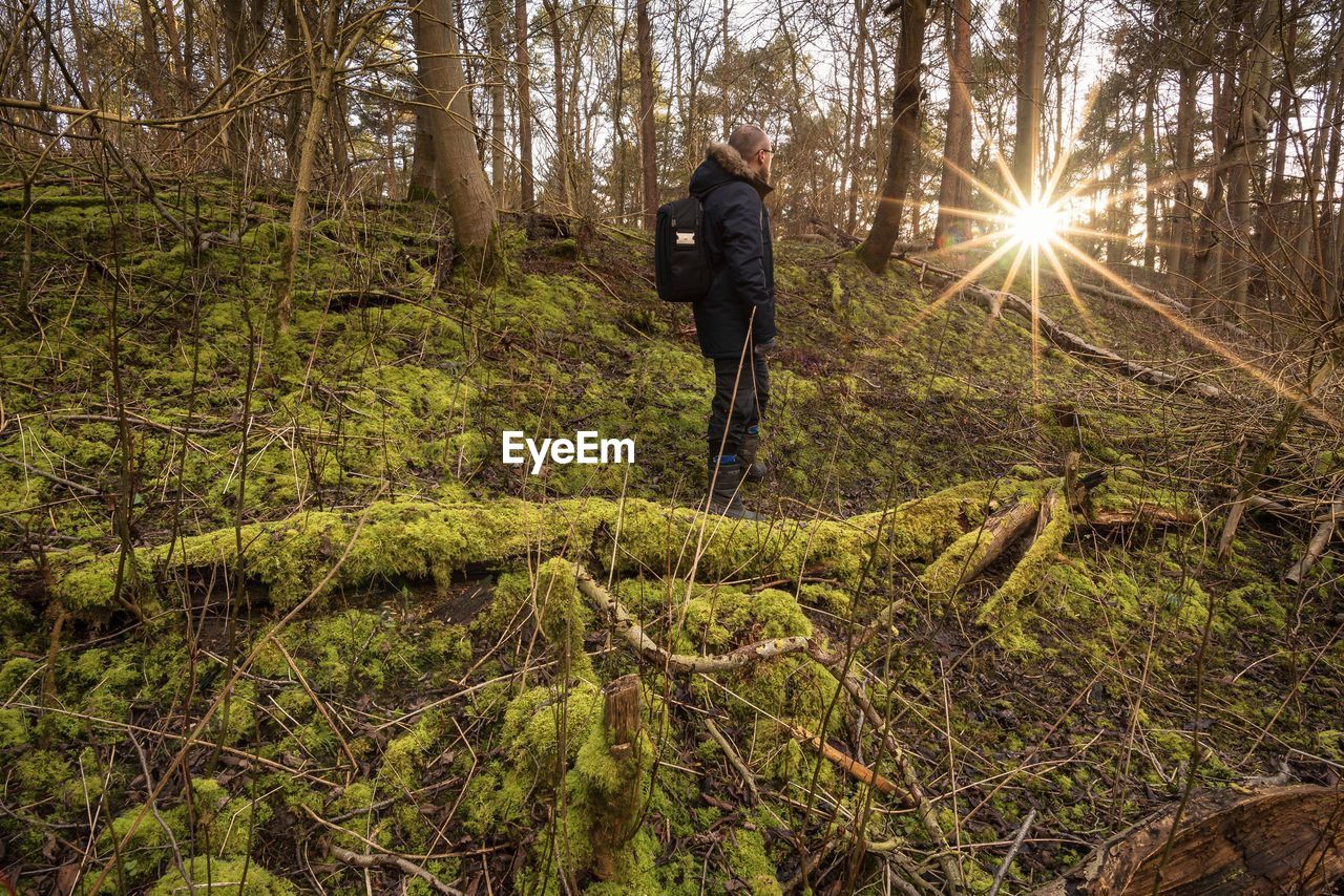 Full length of man standing in forest against bright sun