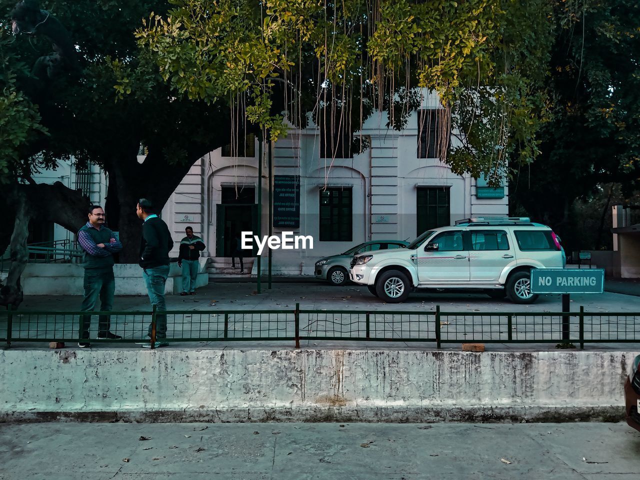 PEOPLE ON STREET BY TREES IN CITY