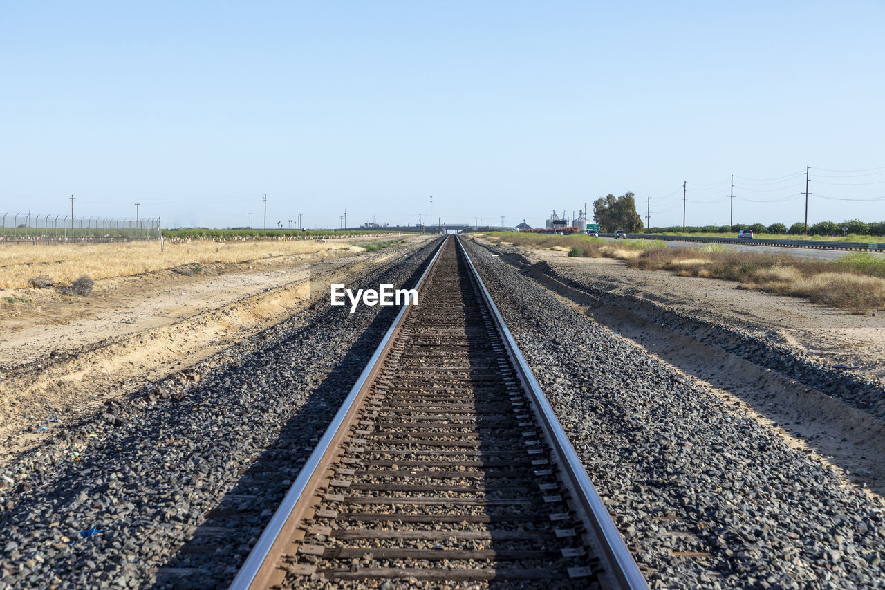 railroad track on field against clear sky