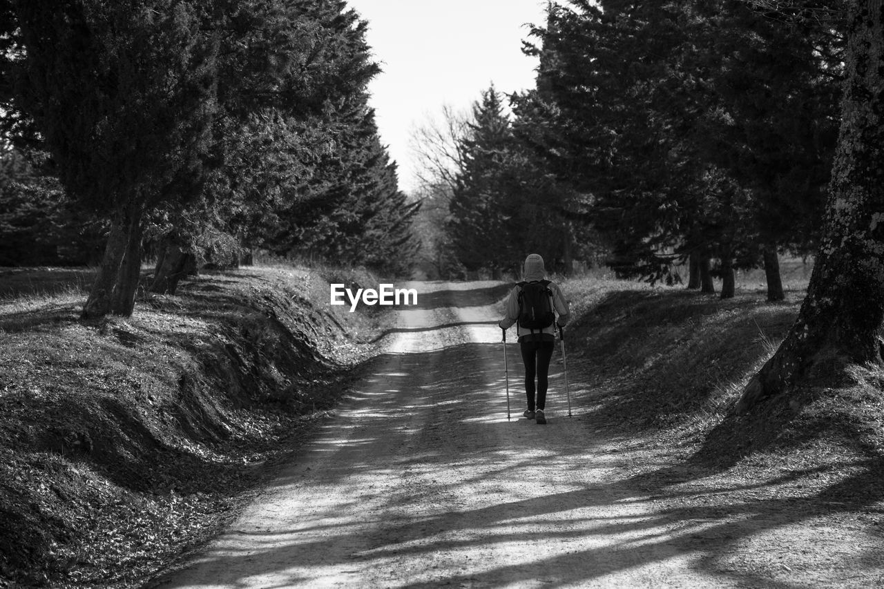 REAR VIEW OF WOMAN WALKING ON ROAD