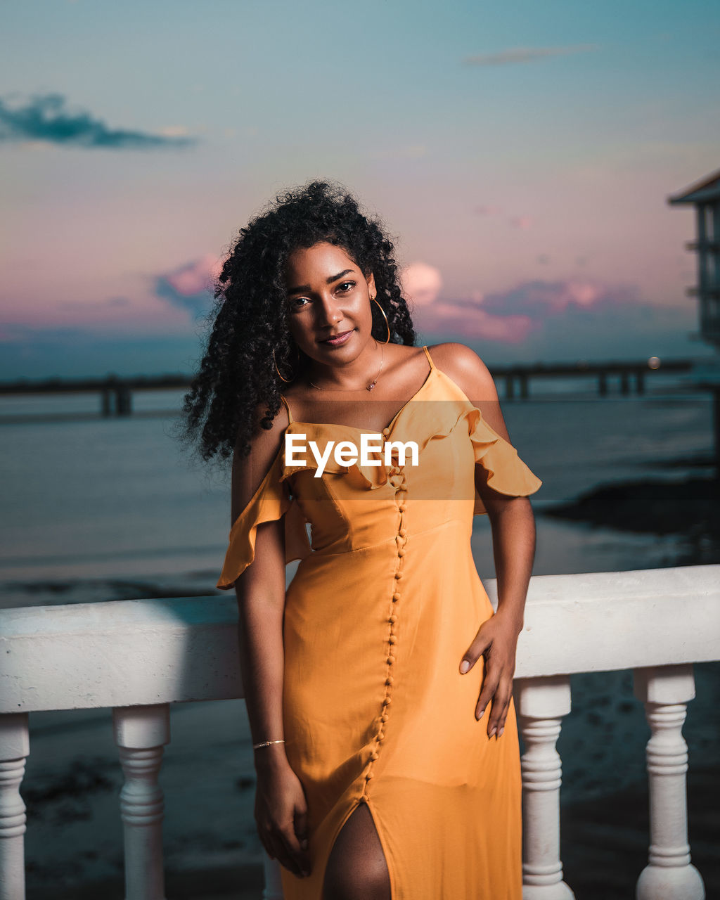 Portrait of woman standing against sea during sunset