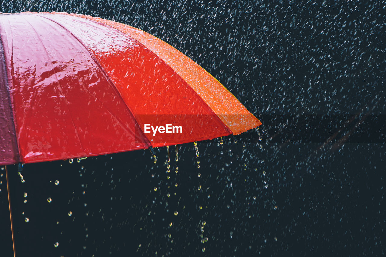 CLOSE-UP OF WET RED UMBRELLA